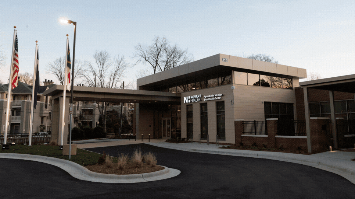 three rotating images showing Novant Health's new breast health facility on Lillington Ave. in Charlotte, including the outside of the facility, a mammogram machine, and local artwork