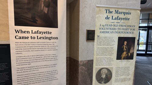 Two hanging posters detailing the Marquis de Lafayette's 1845 visit to Lexington, KY.
