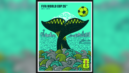 The FIFA World Cup Host City poster for Seattle features an orca tail coming out of the Elliott Bay designed using an Indigenous art style. The city's skyline sits far off in the background while a Washington State Ferry cruises into sight on the righthand side. A white illustration of Mt. Rainier crowns the orca tail, while a soccer ball flies over the tail like the whale has just kicked the ball. The entire poster is colored with a mix of varying shades of green — seafoam, lime, and forest. 