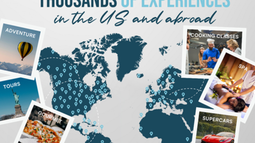 A map with photos of different experiences, like cooking classes and car driving, laid over it.
