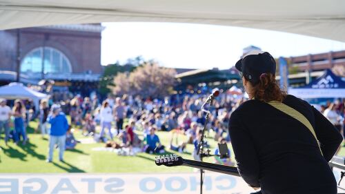 Musician on stage with guitar faces a large, outdoor audience seated on grass. It's a sunny day, creating a lively, festive atmosphere.