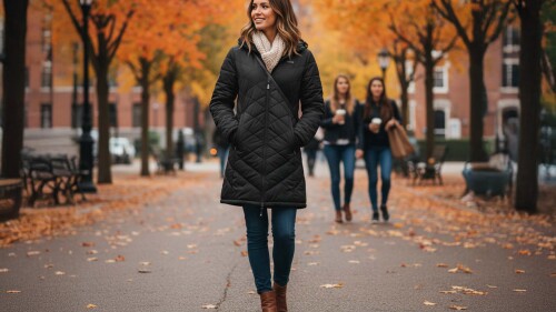 A woman in a puffy long coat in front of fall leaves.