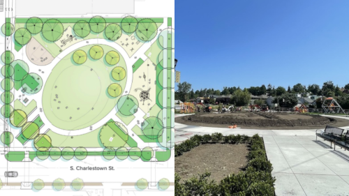 The left side of the image shows a rendering of the park's final layout, complete with space for a playground, lots of field area, and plenty of trees. While the right side the circular central field of the park as it's being installed. Most unpaved areas are completely dirt.