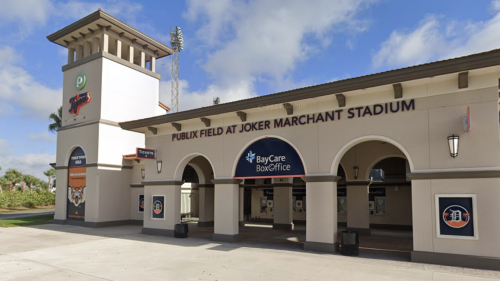 An exterior shot of Publix Field at Joker Marchant Stadium, right outside of the BayCare Box Office.