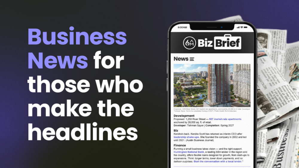 A graphic that reads: "Business News for those who make the headlines", and a phone graphic. 