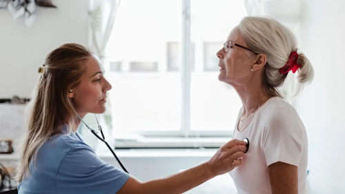 a doctor checks the heart of an older patient 