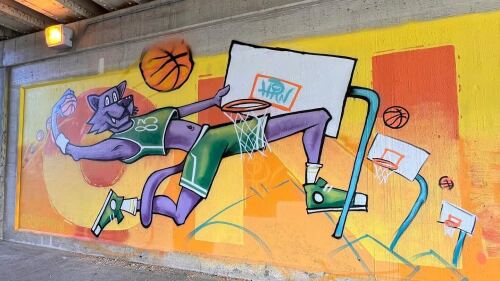 Mural artwork on bridge underpass for the NBA All-Star Weekend in Indianapolis 