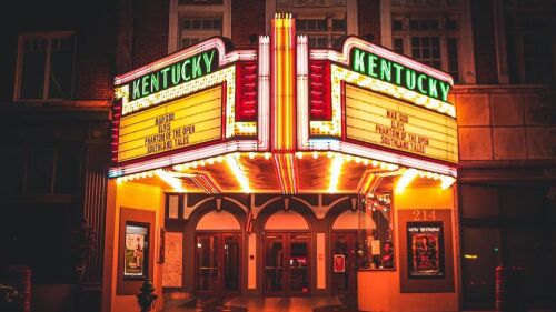 An outside shot of the Kentucky Theatre at night in Lexington KY