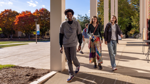 three students walk on the unc asheville college campus