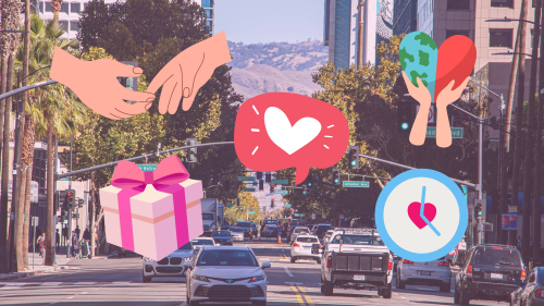 A pink-hued picture of Santa Clara Street with graphics depicting each of the five love languages; hand-holding, a gift box, a chat bubble with a heart, a clock with a heart at the center, and hands holding a heart that is half-heart, half-Earth.