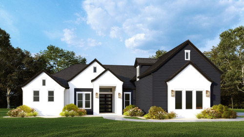 Rendering of the Arabella Two by Hulbert Homes, featuring a modern design with high-contrast black and white siding.