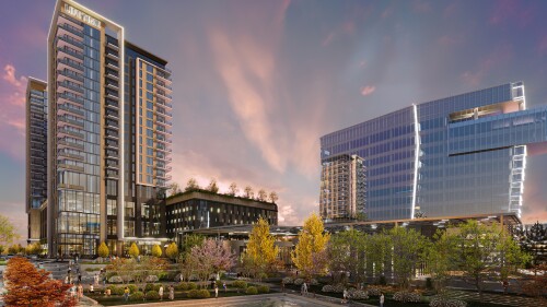 A rendering of two towers with an adjoining courtyard. 