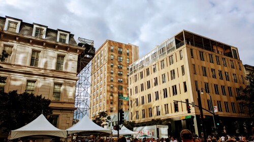 A shot of downtown buildings with beautiful architecture. 