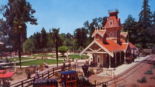 Frontier Village's "Central Square" with the Frontier Village Railroad station. 