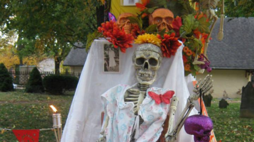 A skeleton for Dia de los Muertos at the Living Arts and Sciences museum in lexington.