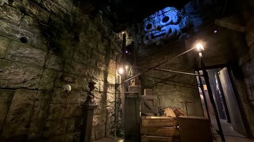 An interior shot of an escape room designed to resemble an ancient temple.