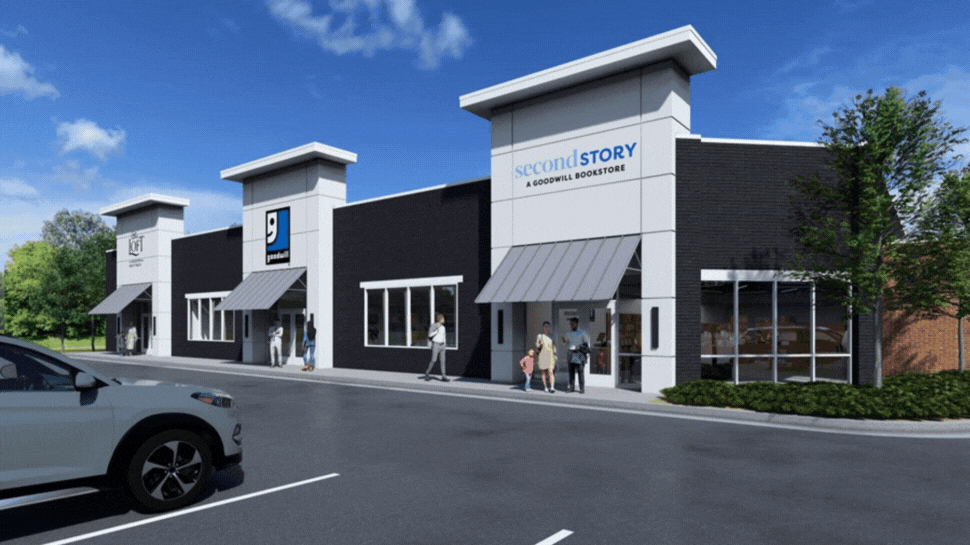 A rendering of Goodwill at the Trail’s new concept, followed by a photo of a billboard.