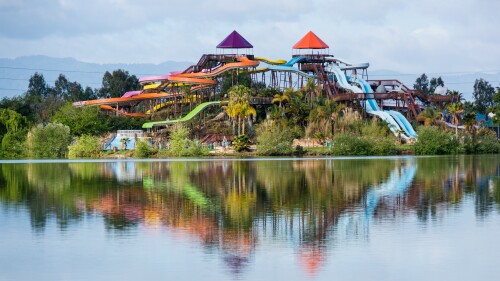 Raging Waters' reflection in Lake Cunningham.