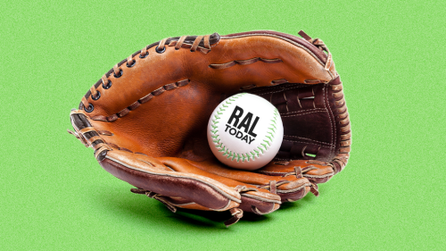 A baseball with the RALtoday logo on it in a catcher's mitt on a green background. 