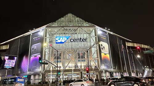 The SAP Center from the front, at night. 