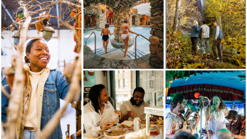 a grid photo of visitors enjoying activities in asheville