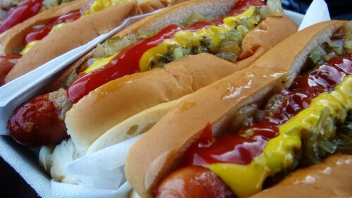Row of classic hot dogs