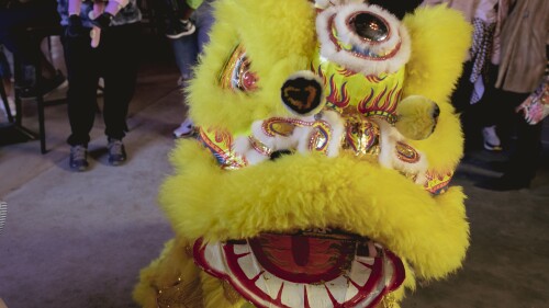 A Golden Lion of Lunar New Year folklore appears in front of the camera.
