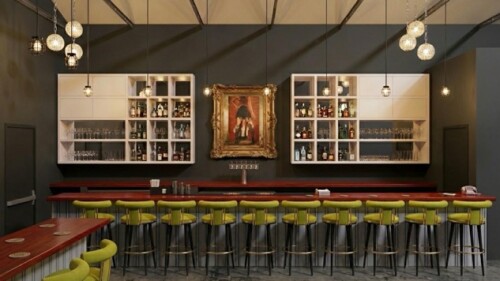 A rendering of a long bar with a gold-framed portrait hanging above.