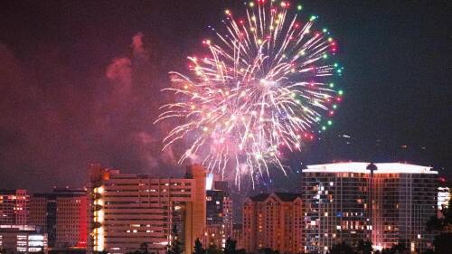 Fireworks explode above Downtown San Jose. 