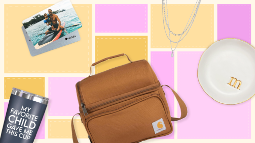 A few gifts overlaid on a patchwork background, including a Carharrt lunch box and a jewelry dish. 