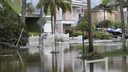 Clearwater after Helene. There is standing water down a residential street.