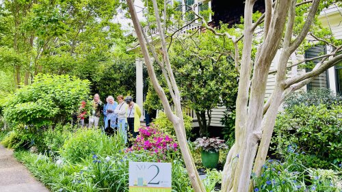 A tour group touring a garden in Historic Oakwood in Raleigh, NC.  