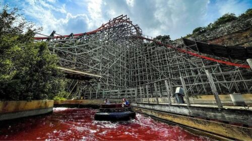 Picture is the Gully Washer river dyed red for Fright Fest under the Iron Rattler roller coaster.