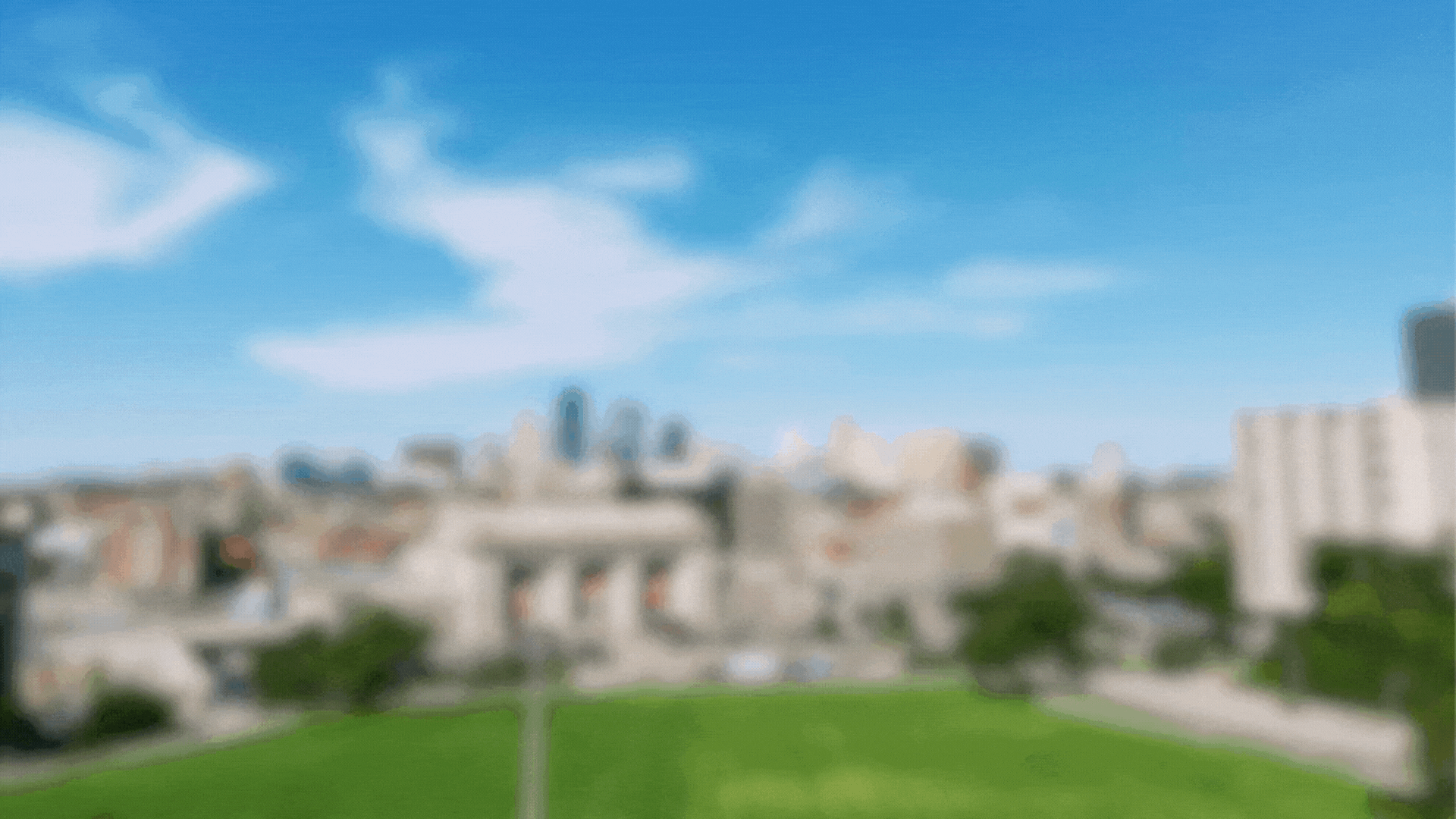 The Kansas City skyline obscured at first, before flipping to a sunny, clear view.