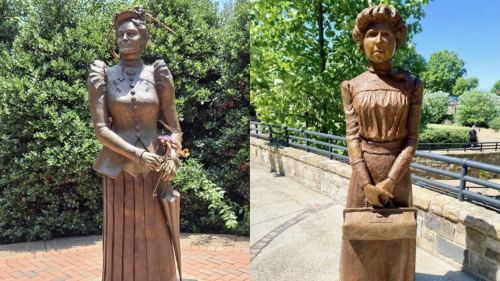 Bronze statues of two women in 19th-century attire. The left wears a hat and holds flowers, with a backdrop of greenery. The right stands on a bridge, holding a suitcase.