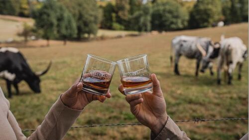 Two people clinking glasses of bourbon together.