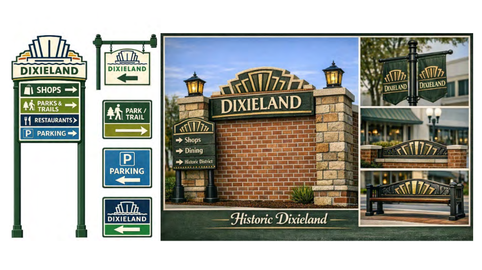 A collage of art deco-style branding for Historic Dixieland, featuring wayfinding signs, banners, and street furniture.