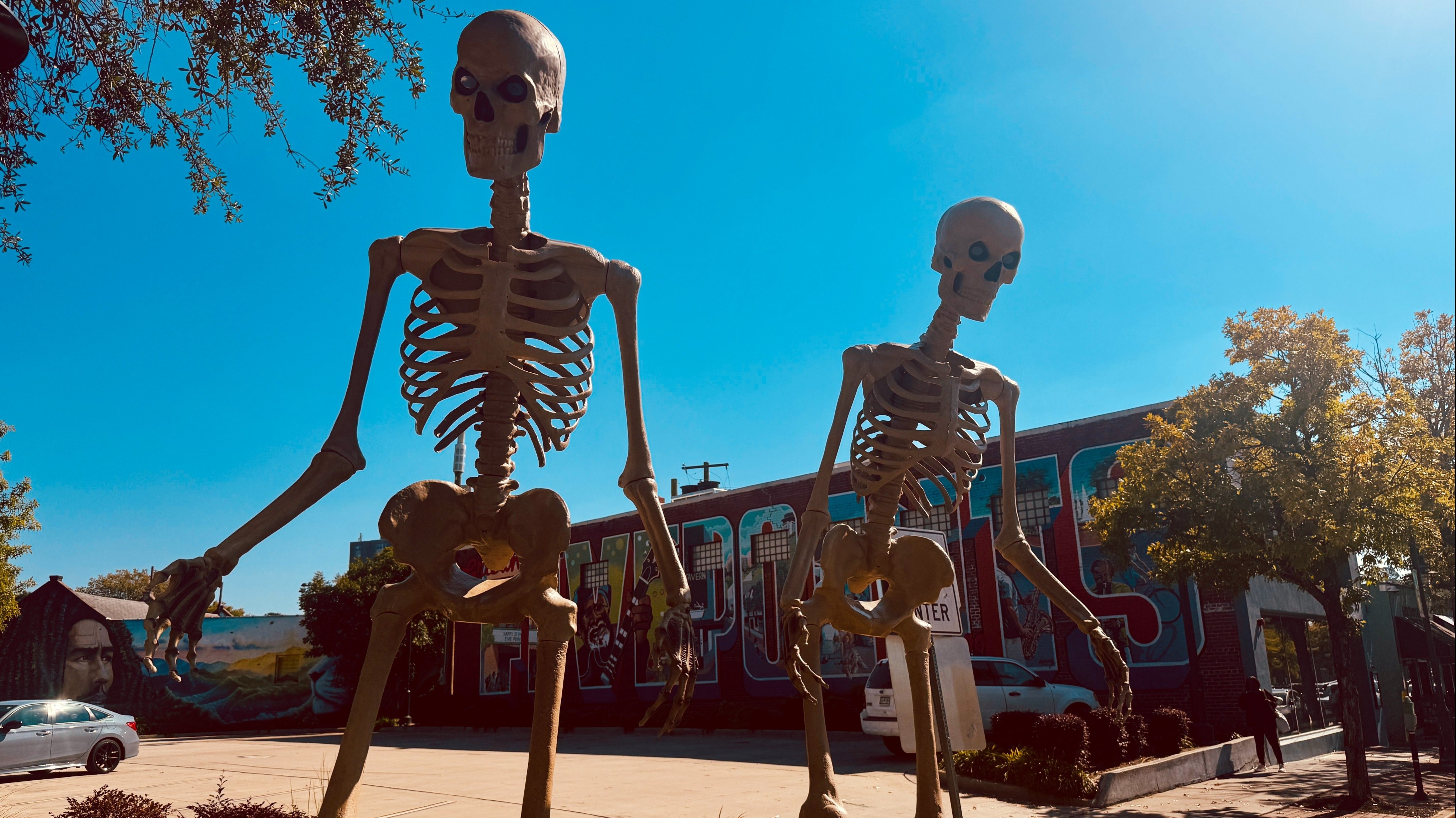 Two large skeleton decorations stand on a sidewalk under a clear blue sky, with a colorful mural visible in the background.