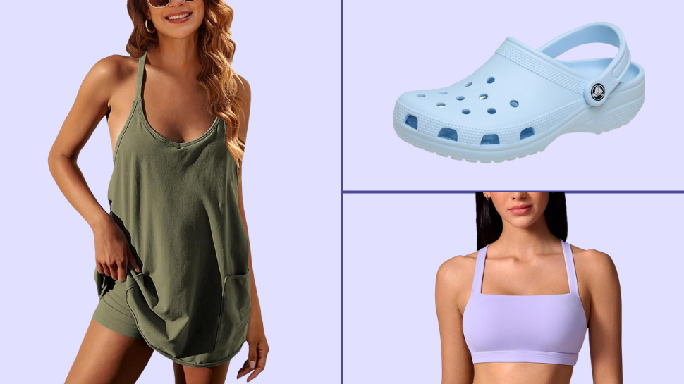 A dress, sports bra, and Croc sandal. 