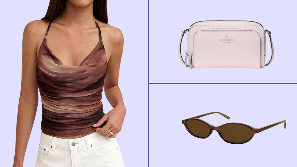 A mesh top, mini crossbody bag, and sunglasses. 