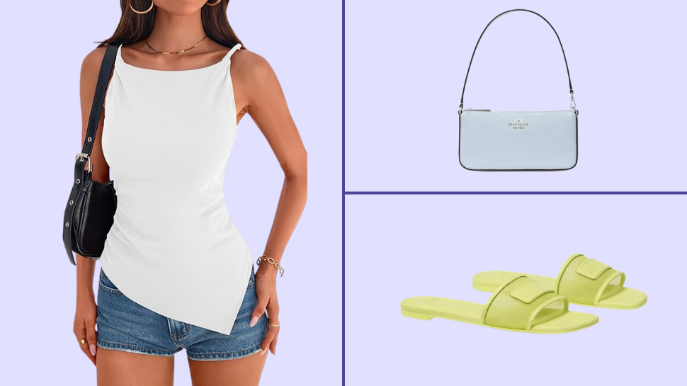 A white tank top, mesh slides, and a top handle bag.