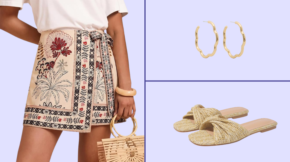 A wrap mini skirt, rafia slides, and gold wavy hoop earrings. 
