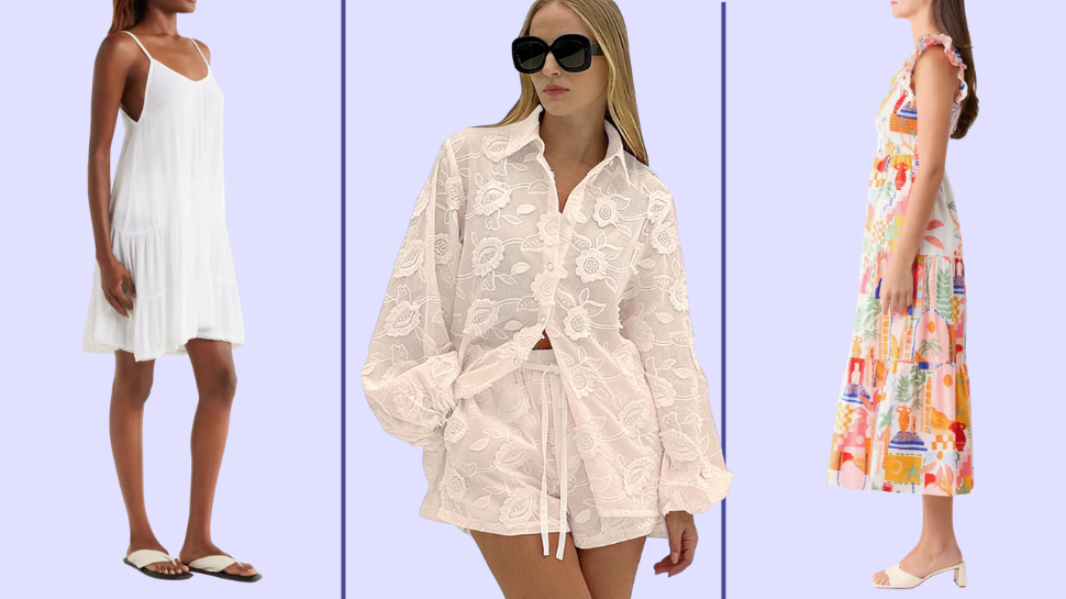 A crinkle cover-up dress, lace two-piece set, and patterned maxi dress.