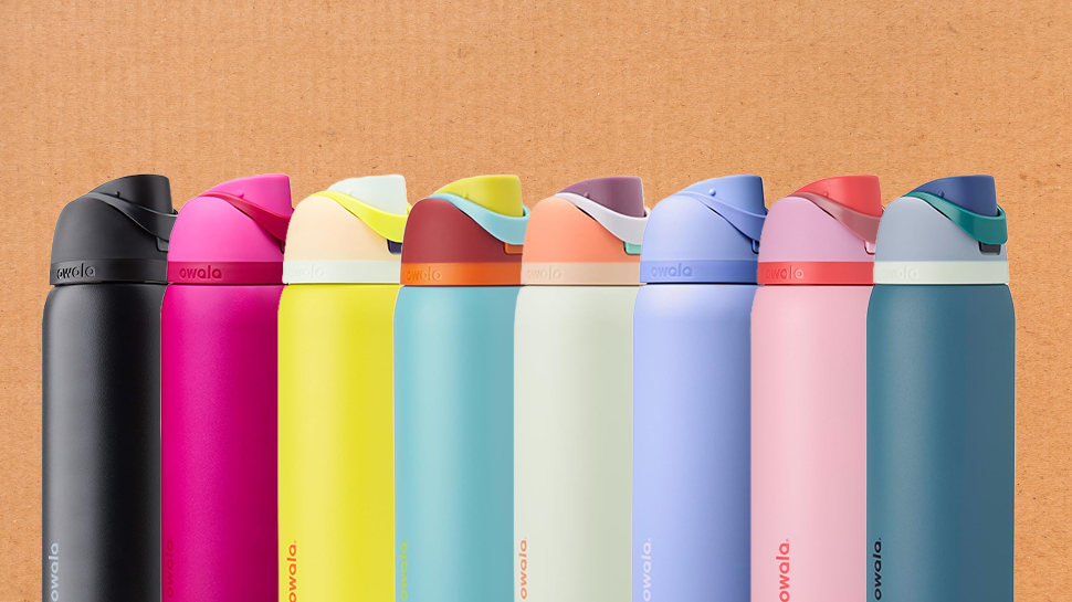 A line of different color Owala water bottles.
