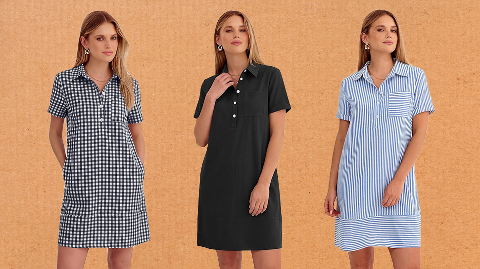 Three models wearing a short-sleeve shirt dress.